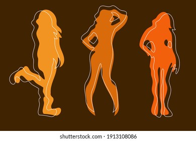 Abstract figures of females in flat and minimal style. Cartoon faceless characters in simple and colorful representation. Muted tones. Fictional dancers posing in different clothes.  Country style.