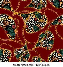 abstract figures with floral ornaments decorated with golden chains on dark red background