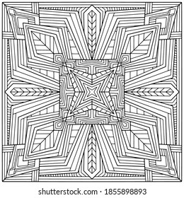 abstract figures in folk style forming a square mandala drawn on a white background for coloring, vector, mandala