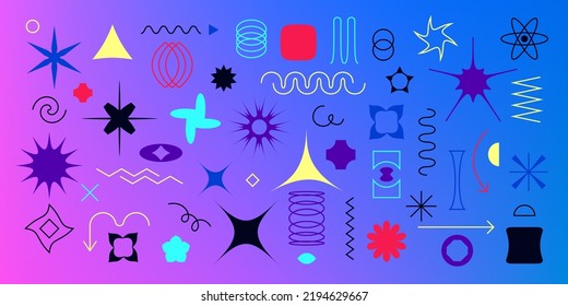 Abstract figures. Geometric shapes. Memphis elements. Geometry retro curves. Arrows and crosses. Minimal flower star design. Outline or silhouette forms set. Vector graphic background