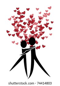 Abstract figures of lovers with a red hearts