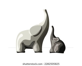 Abstract figures of mother elephant and baby elephant raising their trunks up.