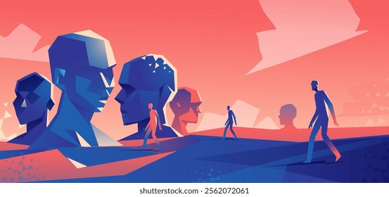 Abstract figures on geometric landscape