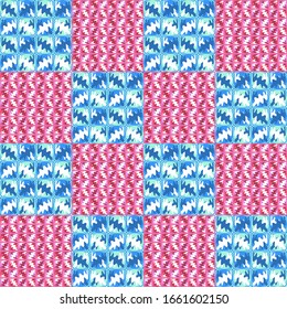 abstract figures and pink and blue circles, seamless pattern, vector