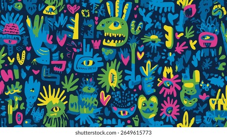 Abstract figures populate vivid chaotic background scene detail