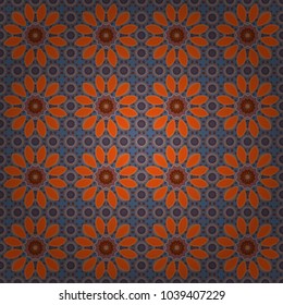 Abstract filigree seamless pattern. Vector mandalas in orange, brown and blue colors. Template for textile, carpet, wallpaper, fabric.
