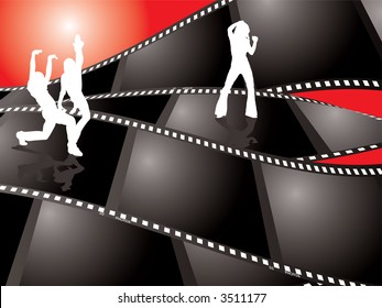 Abstract film background with film floating in the air with people dancing on it