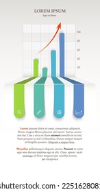 Abstract finance chart with four options and orange raising arrow. Financial success concept.