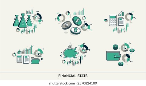 Abstract finance stats set, vector bundle of money and statistics analytics, financial charts bars and graphs, business market trade.