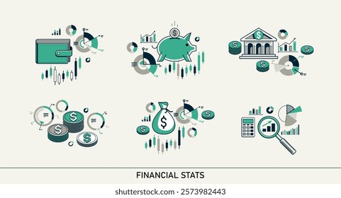 Abstract finance stats set, vector bundle of money and statistics analytics, financial charts bars and graphs, business market trade.