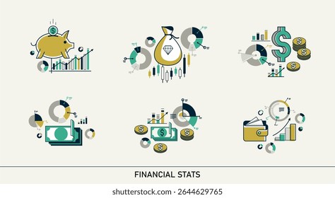 Conjunto de estatísticas financeiras abstratas, pacote vetorial de moeda e análise estatística, gráficos financeiros barras e gráficos, comércio de mercado de negócios.