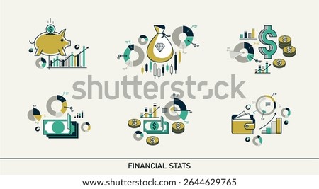 Abstract finance stats set, vector bundle of money and statistics analytics, financial charts bars and graphs, business market trade.