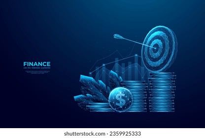 Abstraktes Finanzierungskonzept erfolgreich. Digitales Ziel, Münzen und Wachstumstabelle auf blauem Hintergrund. Öko-ökonomische Metapher. Low-Poly-Wireframe-futuristischer Stil. Geometrische Vektorgrafik.