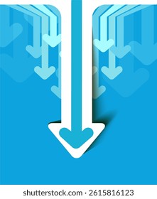 Abstract financial background with arrows going down. Concept decrease. Vector illustration. Abstract background with white paper arrows. 