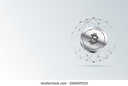 Abstract financial background with bitcoin sign in network sphere on gradient grey color 