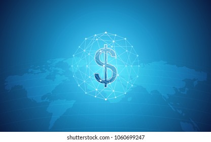 Abstract financial background with dollar sign in network sphere and world map on gradient blue color 