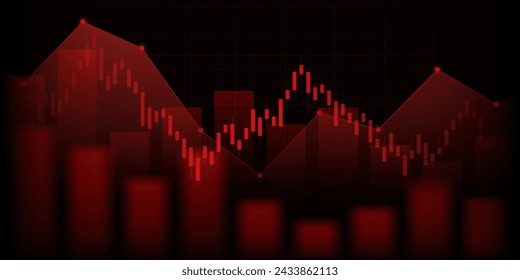 Abstract financial background with downtrend line graph and bar chart in stock market on red color