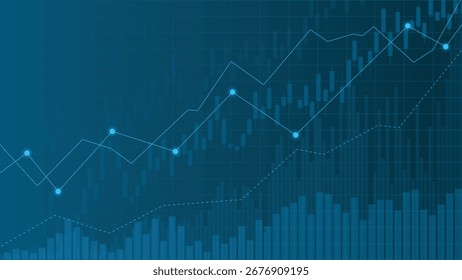 Abstrakter finanzieller Hintergrund mit leuchtend blauem Handelskarte mit Kerzenständer-Grafik, Balken und Linien, ideal für Business-Finance-Präsentationen und digitale Designs