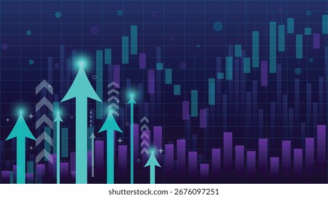 Abstract financial background with glowing arrows and candlestick chart symbolizing trading, investment, growth, and stock market success, perfect for finance and business projects
