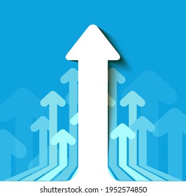 Abstract financial background with white paper arrows going up. Concept business  success. Vector illustration  of moving arrows. Background with blue arrows 