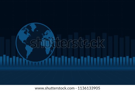 abstract financial bar chart with globe on blue color background