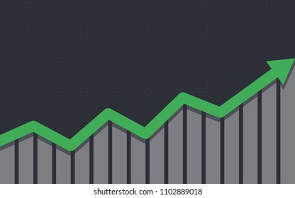 Abstract financial bar chart with green uptrend line arrow graph on black color background 