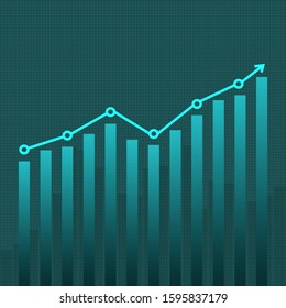 Abstract financial bar chart with financial line graph in higher trend on green grid background for financial report