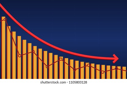 Abstract financial bar chart with red downtrend line arrow graph on blue color background 
