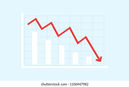 Abstract financial bar chart with red downtrend line arrow graph on blue color background 