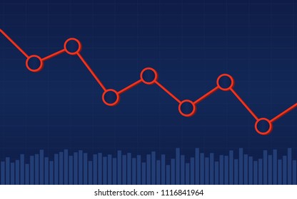 Abstract financial bar chart with red downtrend line graph on blue color background 