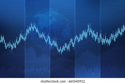 Abstract financial candlestick chart with line graph and global on gradient blue color background