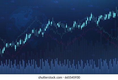 Abstract financial candlestick chart with line graph and stock numbers on gradient blue color background