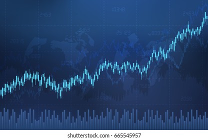 Abstract financial candlestick chart with line graph and stock numbers on gradient blue color background