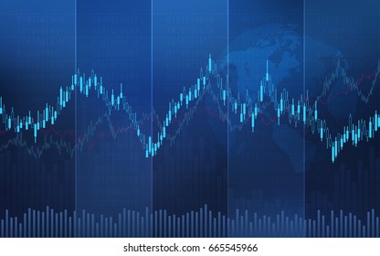Abstract financial candlestick chart with line graph and stock numbers on gradient blue color background