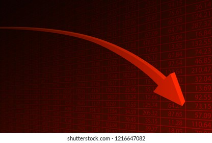 Abstract financial chart with 3d downtrend line arrows graph go down and stock numbers on red color background