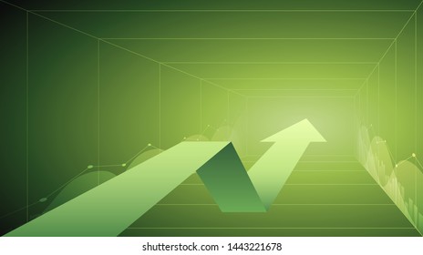 abstract financial chart with 3d moving up arrow and stock graph on green color background
