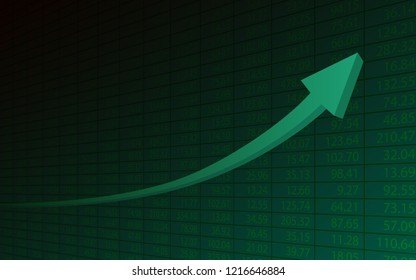 Abstract financial chart with 3d uptrend line arrows graph go up and stock numbers on green color background