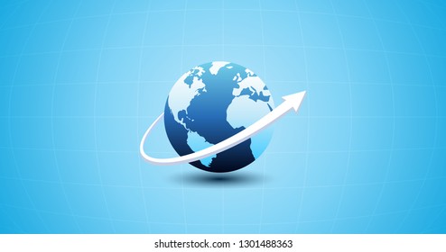 Abstract financial chart with up arrow around globe in flat icon design on blue color background