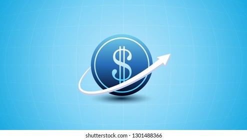 Abstract financial chart with up arrow around us dollar sign in flat icon design on blue color background