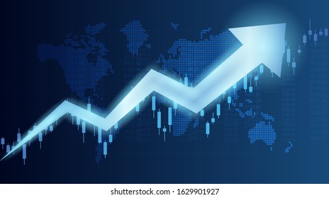 Abstract financial chart with up arrow and world map in stock market on blue color background