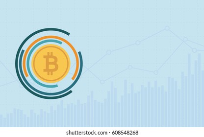 Abstract financial chart with bitcoin sign and technology circles on blue color background