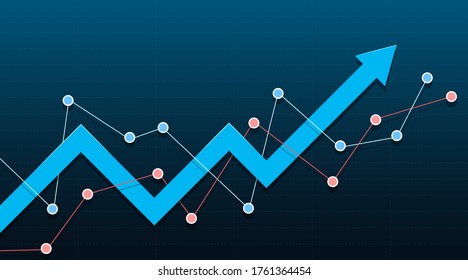 Resumen del gráfico financiero con una flecha azul apuntando hacia arriba. Ilustración vectorial.
