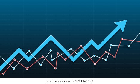 Resumen del gráfico financiero con una flecha azul apuntando hacia arriba. Ilustración vectorial.