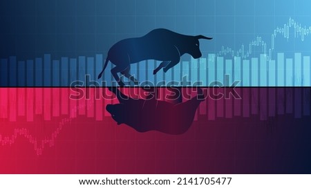 Abstract financial chart with bull and bear in stock market on neon color background