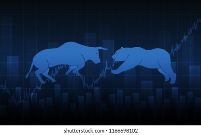 Abstract financial chart with bulls and bear in stock market on blue color background