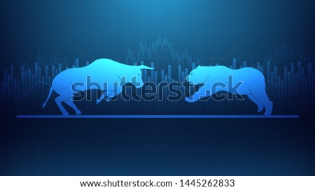 Abstract financial chart with bulls and bear in stock market on blue color background