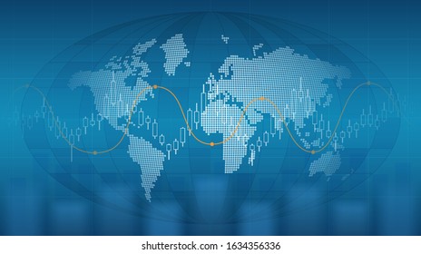 Abstract financial chart with candle stick graph and world map in stock market on blue color background