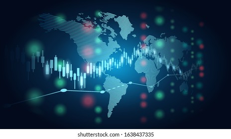 Abstract financial chart with candle stick graph and world map in stock market on blue color background