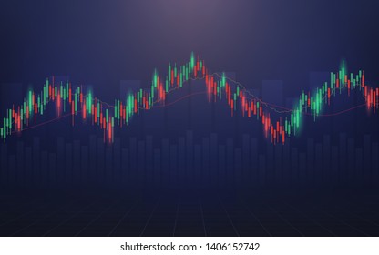 Abstract financial chart with candlestick graph in stock market on blue color background