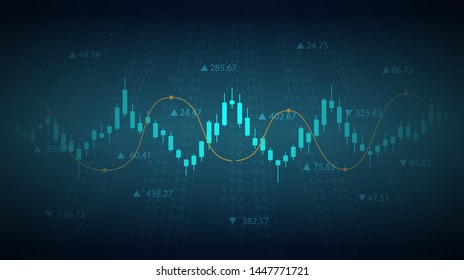 Abstract financial chart with candlestick line graph and stock market numbers on blue color background